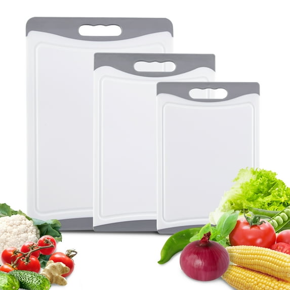 Sangdo Kitchen Cutting Board Set of 3 Large Reversible Plastic Chopping Board With Juice Grooves, Dishwasher Safe, Light Gray/White
