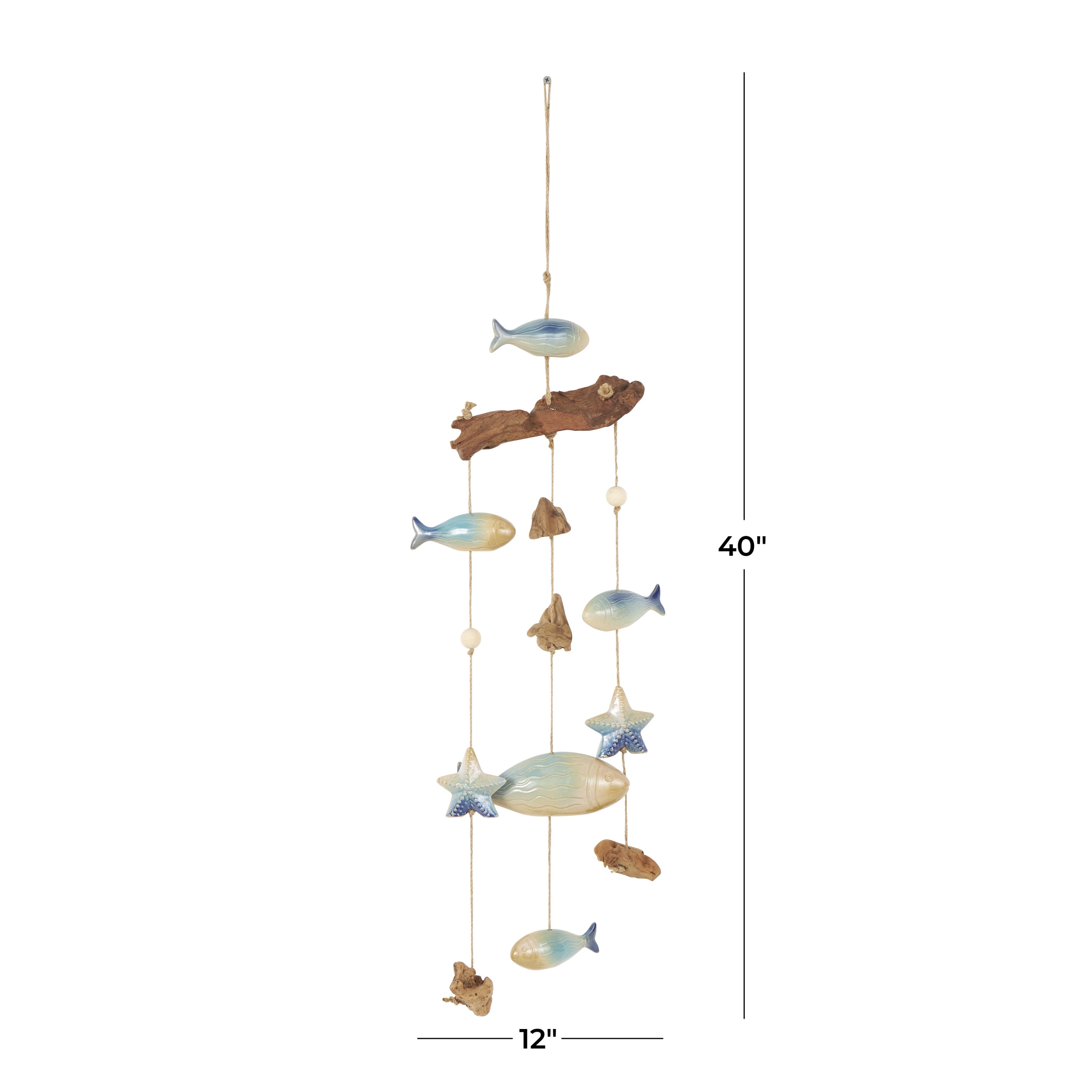 DecMode 40" Brown Ceramic Fish Windchime with Driftwood and Hanging Starfish Accents