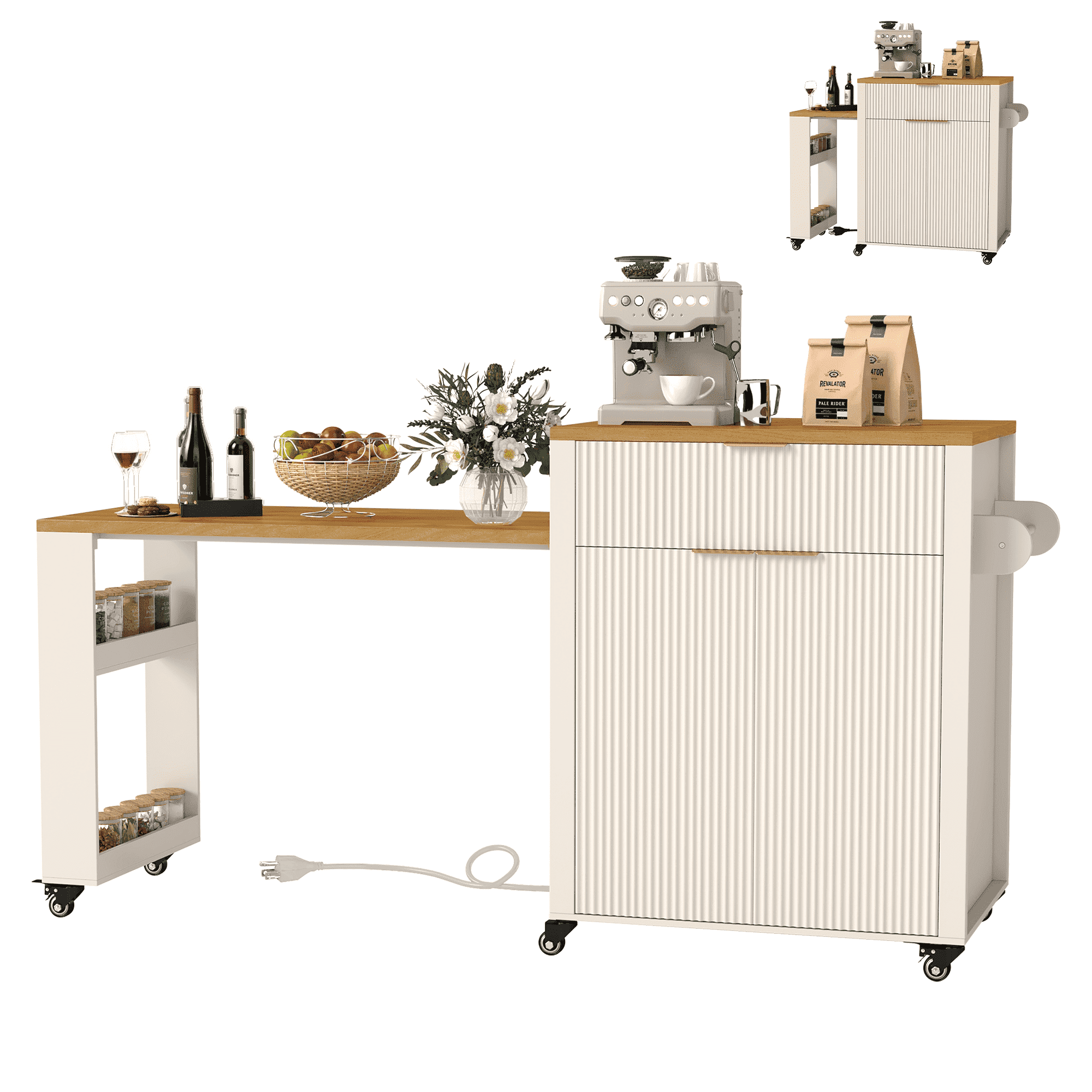FOOWIN Kitchen Island with Extendable Dining Table, Mobile Island Table with Cabinets, Drawers, Power Outlets, White