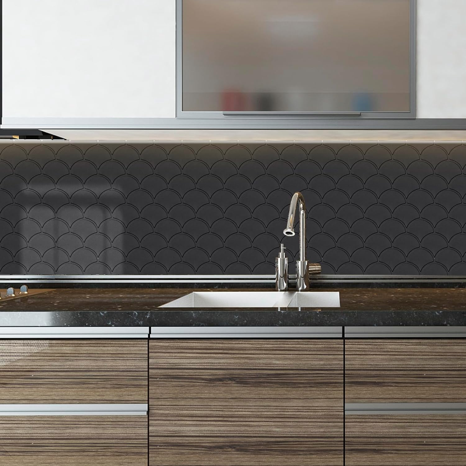 Premium Peel and Stick PET 3D Matte Black Fish Scale Tile Backsplash for Home Walls (10-Sheet)