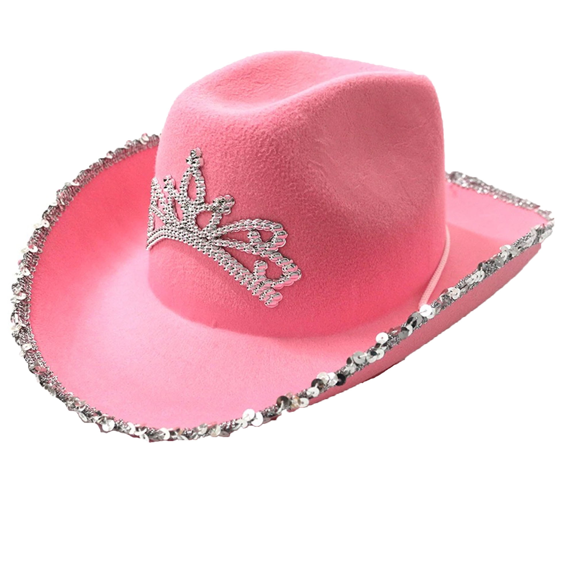 Pink Cowboy Hat - Pink Sequin Cowgirl Princess Hat with Crown Tiara Design