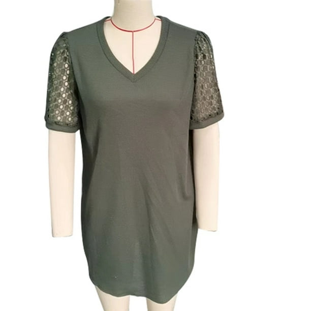 Camisa de manga corta con cuello en V y encaje, camiseta de verano con cuello en V y encaje para mujer, camiseta de verano con cuello en V y encaje, confiable y duradera