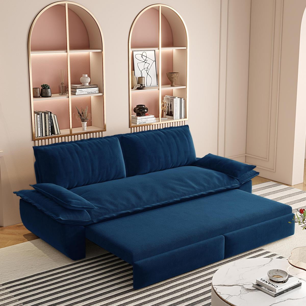 73.2" Queen Pull Out Sofa Bed, 3-in-1 Convertible Sleeper Sofa, Multi-Functional Velvet Loveseat Bed for Living Room, Bedroom, Apartment, Office