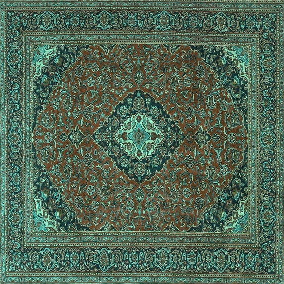 Ahgly Company Indoor Square Medallion Turquoise Blue Traditional Area Rugs, 3' Square