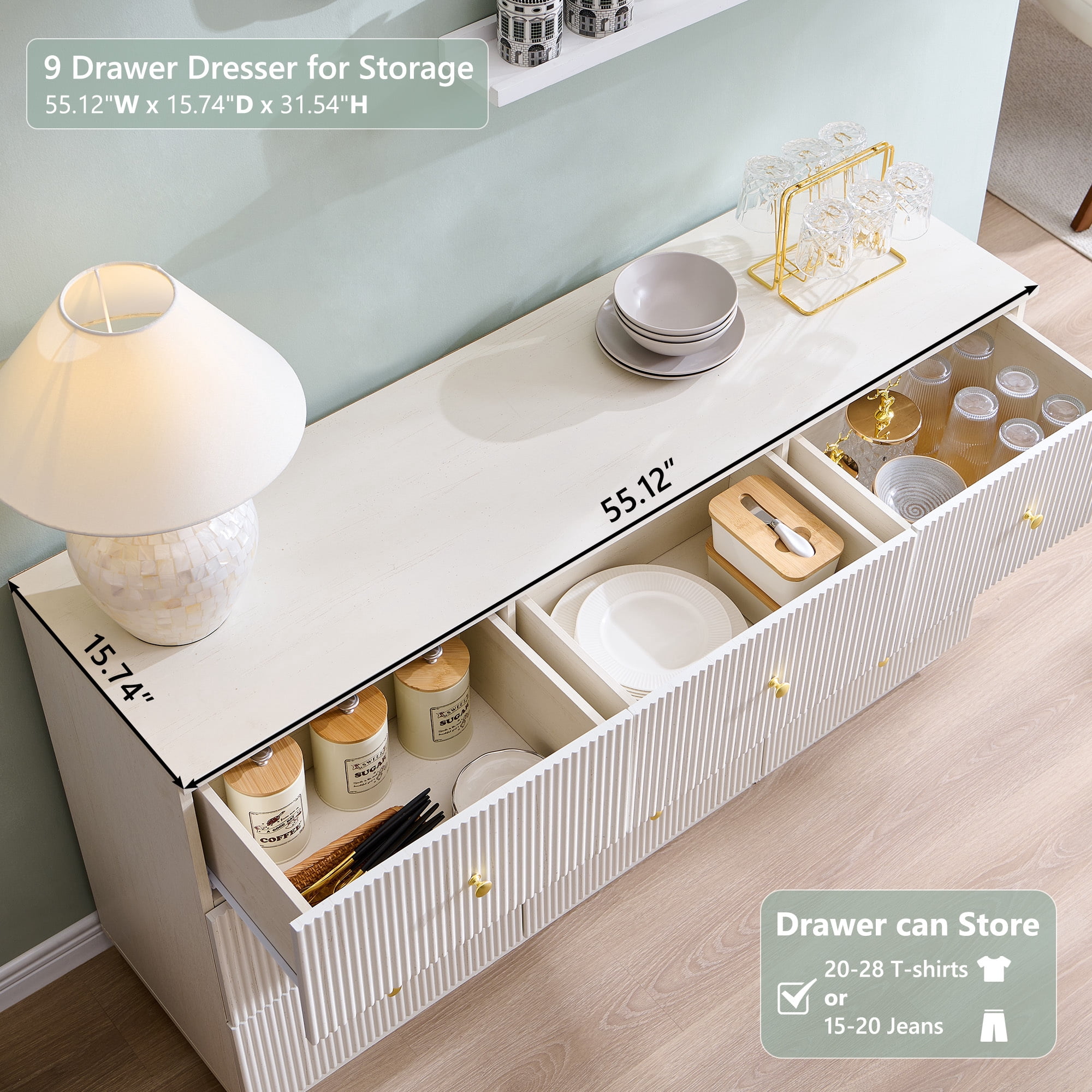wow97e Fluted 8 Drawers Dresser, 55" W Modern Chest of Drawers with Deep Storage, Wood Tall Dresser Storage Organizer for Bedroom, Living Room, Hallway