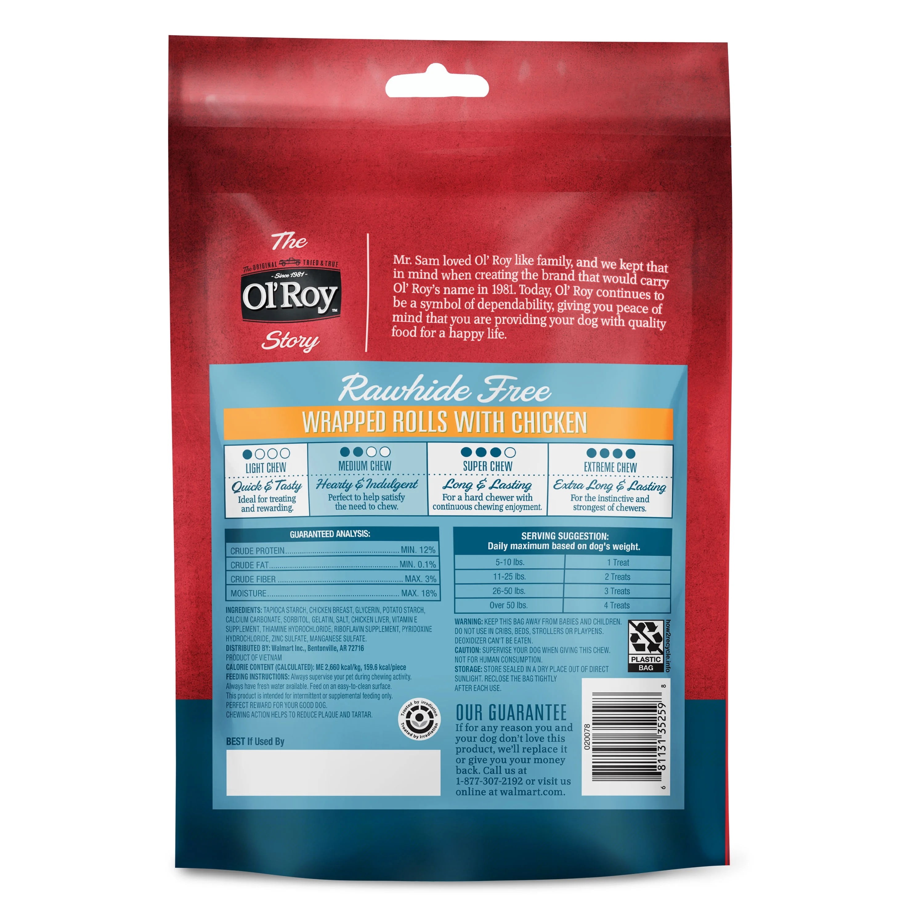 Ol' Roy Rawhide Free Wrapped Rolls with Chicken for Any Size Dogs, Dry, 8.47 oz Bag, 4 Count