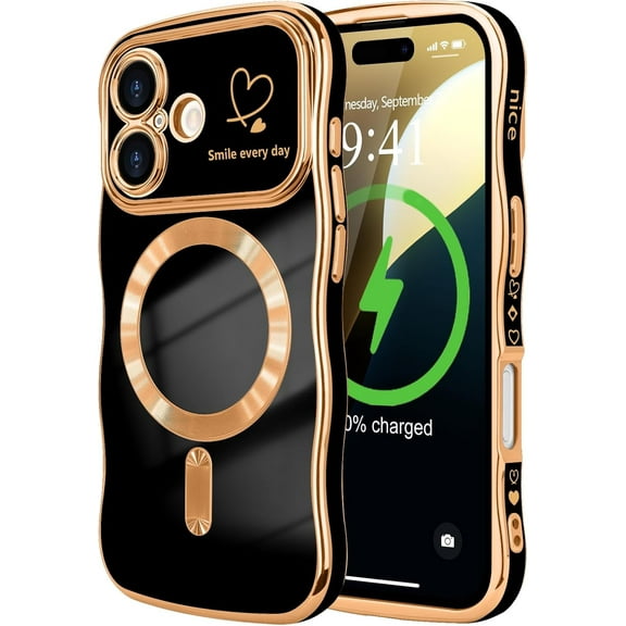 for iPhone 16 Plus Case for Women Girls [Compatible with MagSafe] Cute Curly Wave Shape, Magnetic Love Heart Pattern with Camera Lens Cover Luxury Plating Shockproof Phone Case