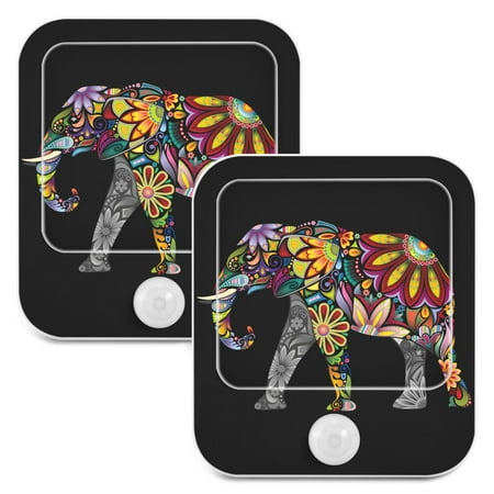 

ALAZA Cheerful Indian African Elephant Boho Cute Night Lights Plug into Wall -2 Pack Motion Sensor & Dusk to Dawn Sensor Adjustable Brightness & Warm White