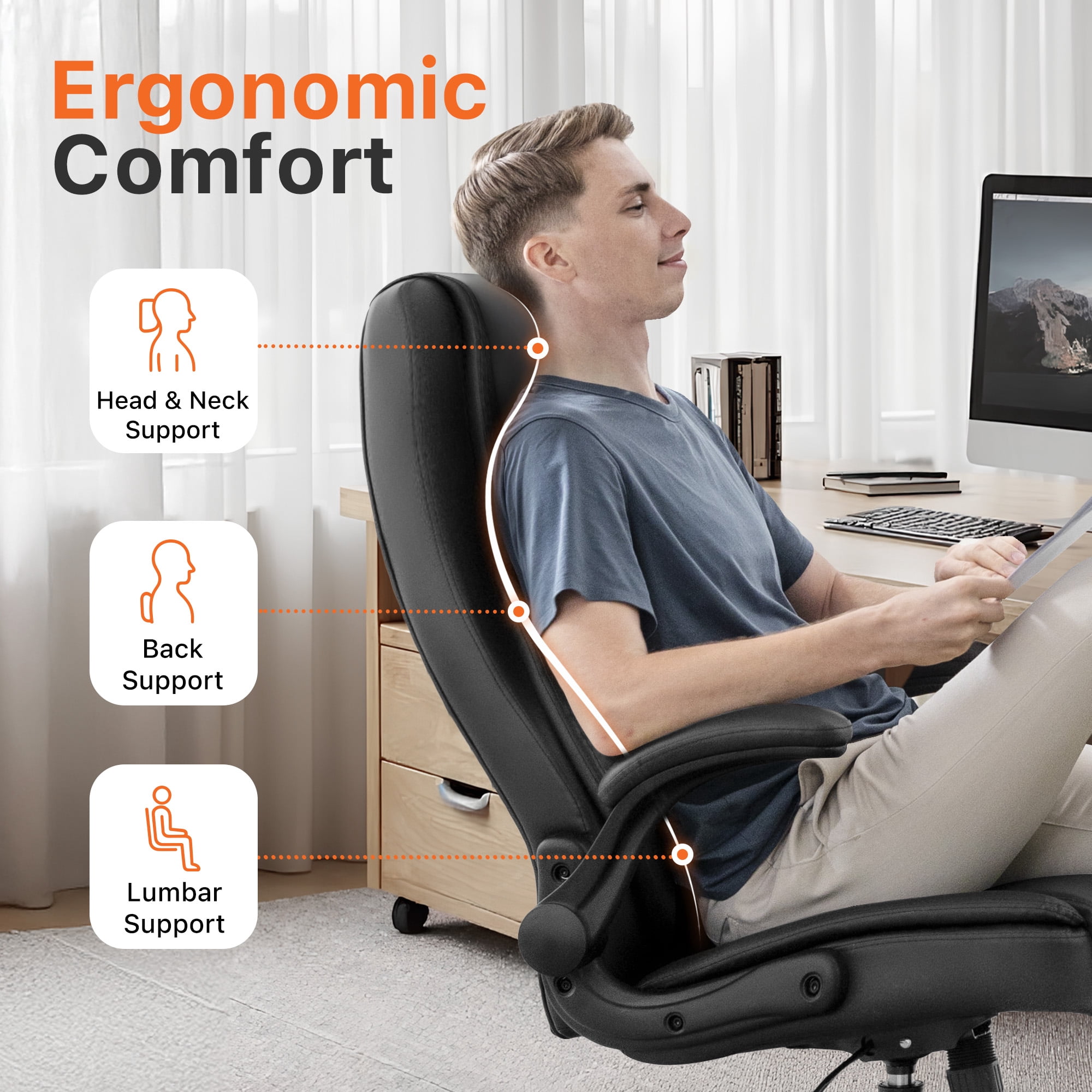 NEO CHAIR Ergonomic Office Desk Gaming Computer Chair Executive High Back Support Flip-up Arms Adjustable Height Swivel Rolling Wheels Comfy PU Leather for Home (Dark Black)