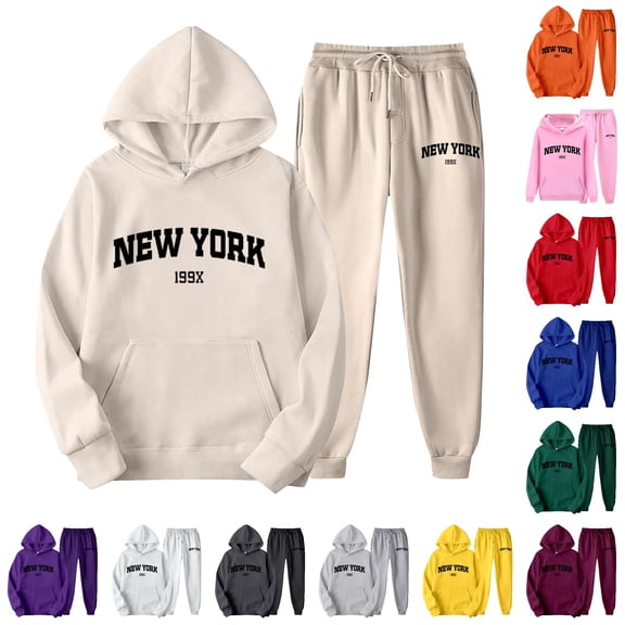 SONXAHE Womens New York Letter Print 2 Piece Outfit Drawstring Hoodie With Jogger Pant Tracksuit Set