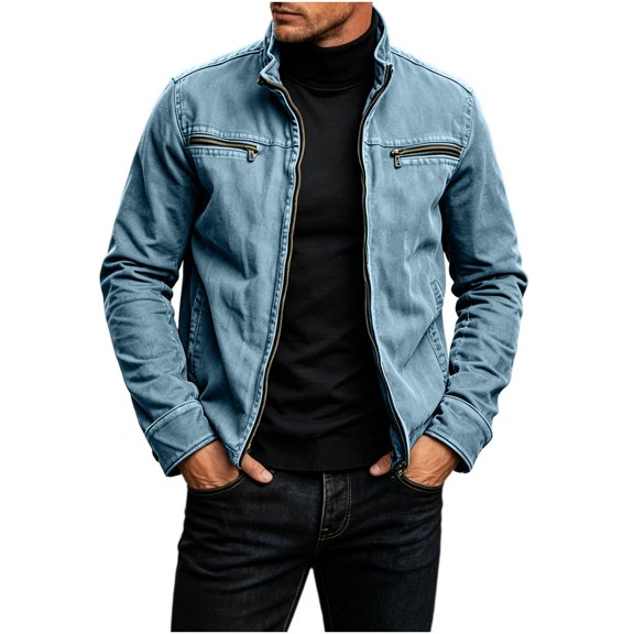 LODIENY Mens Vintage Cargo Jacket with Zipper Pockets Long Sleeve Stand Neck Full Zip Casual Windbreaker Coat Blue L