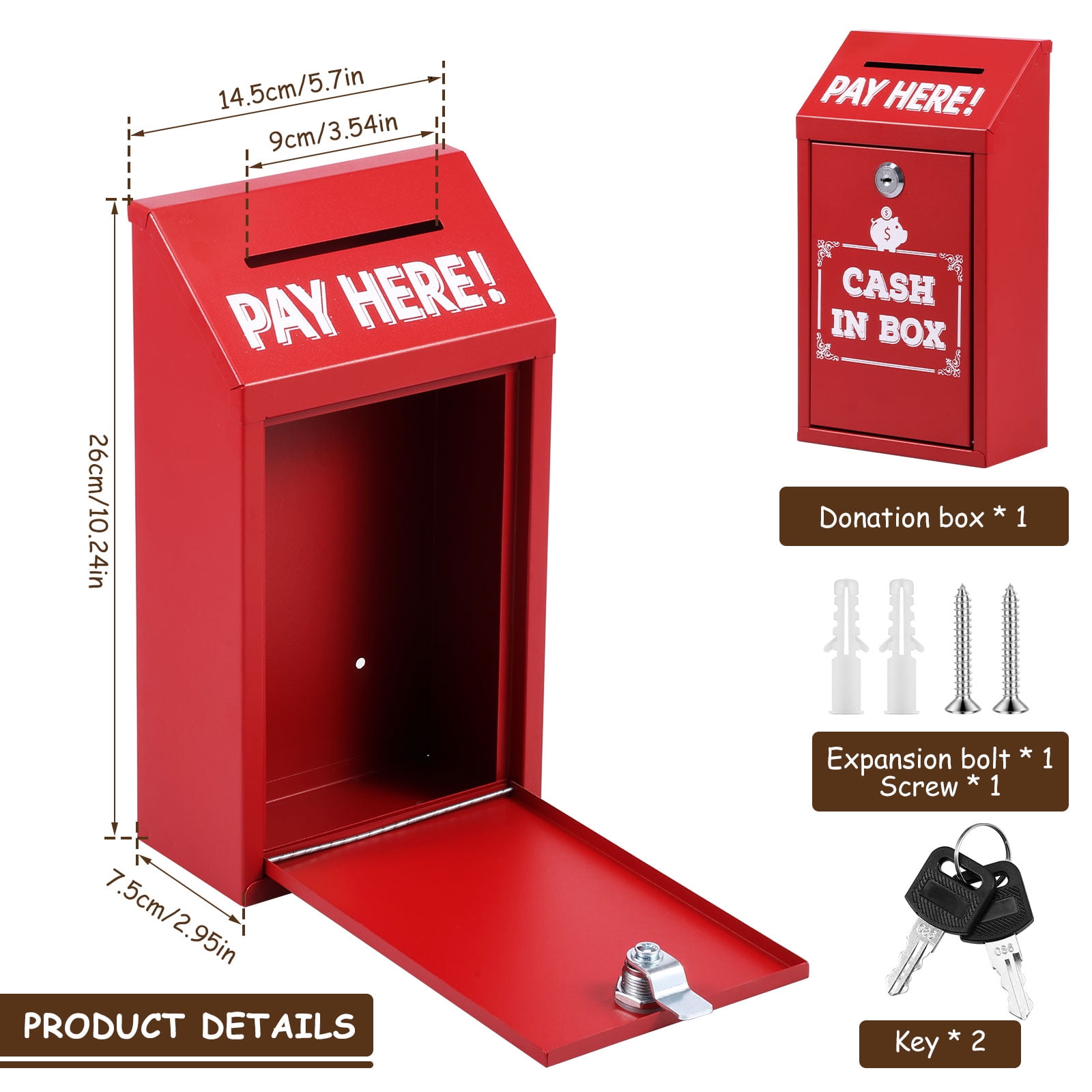 Metal Donation Box with Key Lock Rustproof Cash Drop Box with Top Slot Wall Mounted with 2 keys for Business Home Office Outdoor