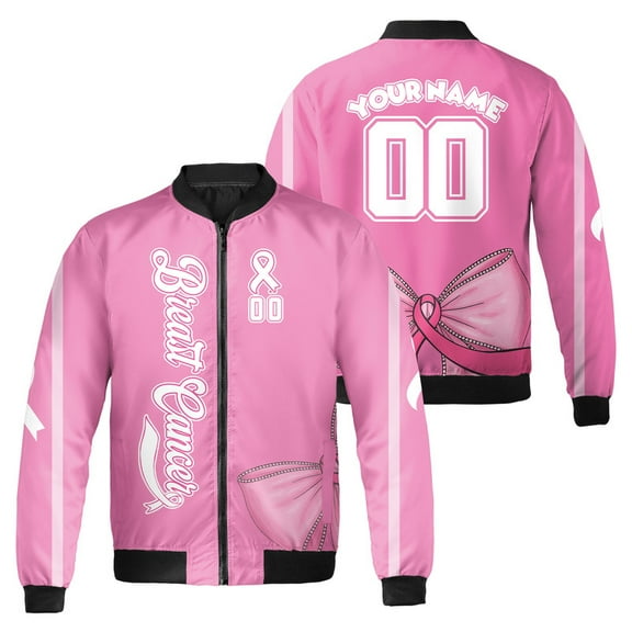 Custom Name Pink Breast Cancer Awareness Bomber Jacket – Support Ribbon Design, October Pink Out Jacket, Unisex Support Apparel