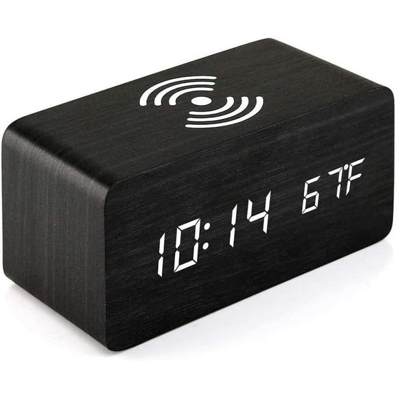 OCT17 Alarm Clock with Qi Wireless Charging Pad Compatible with iPhone Samsung Wood LED Digital Clock Sound Control Function, Time Date, Temperature