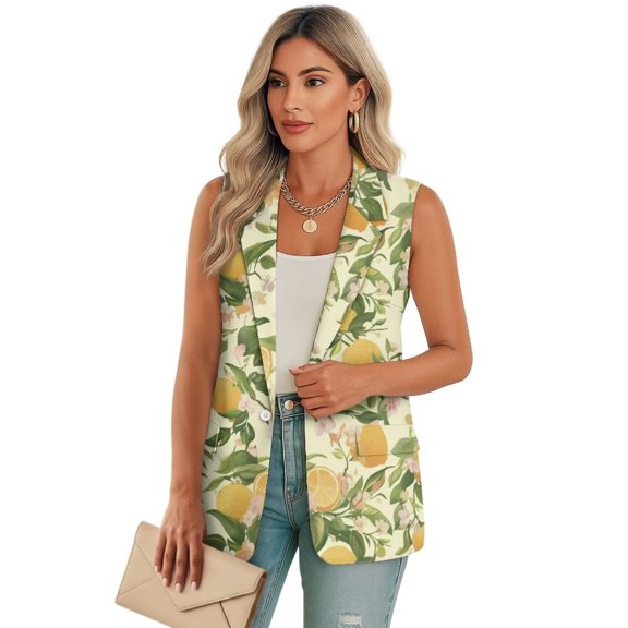 Psesaysky Sleeveless Blazer with Lemon Flower Print Lapel Collar Suit Vest for Women Winter Business Casual Outwear with Pockets, Size 5XL