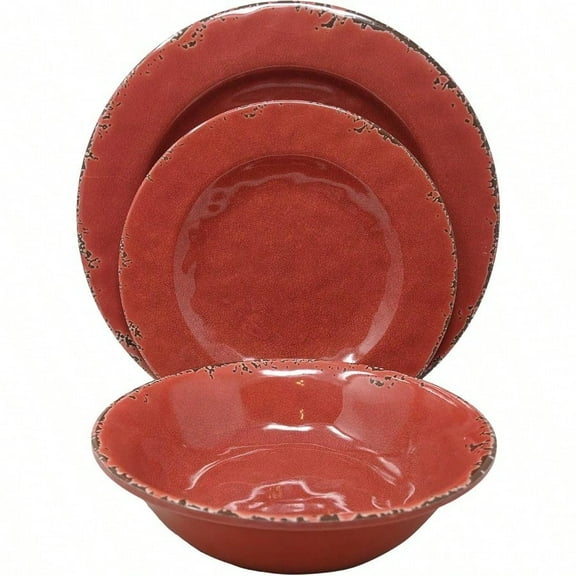 12 Piece Rustic Farmhouse Melamine Dinnerware Set Service for 4 Red