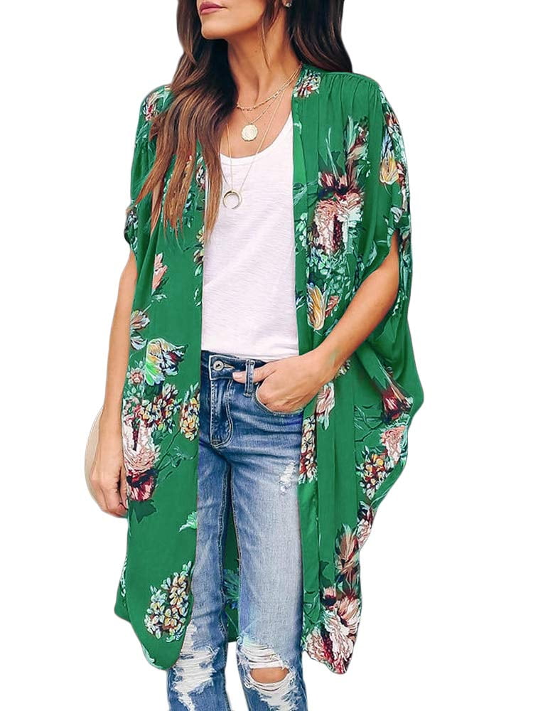 Sherrylily Women Floral Kimono Cardigans Short Sleeve Draped Beach Cover Up Cape, Women's, Size: Large, Green