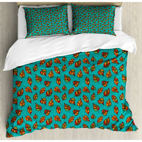 Autumn Duvet Cover Set Queen Size, Doodle Art Pattern of Falling Leaves with Colorful Stripes Botanical Setting, Decorative 3 Piece Bedding Set with 2 Pillow Shams, Multicolor, by Ambesonne