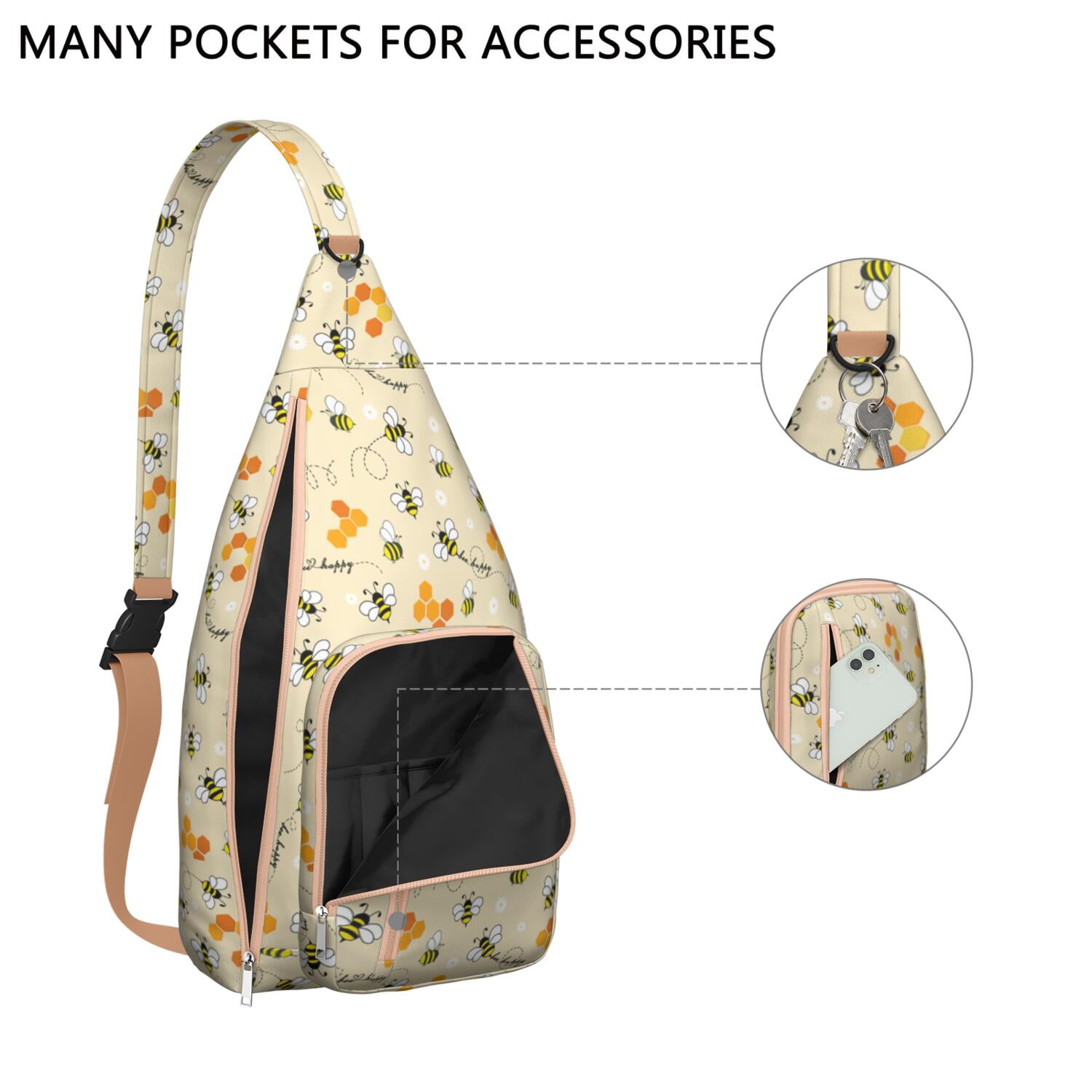 Cute Bee Print Sling Backpack – Colorful Cartoon Honeycomb & Floral Crossbody Bag for Travel & Hiking