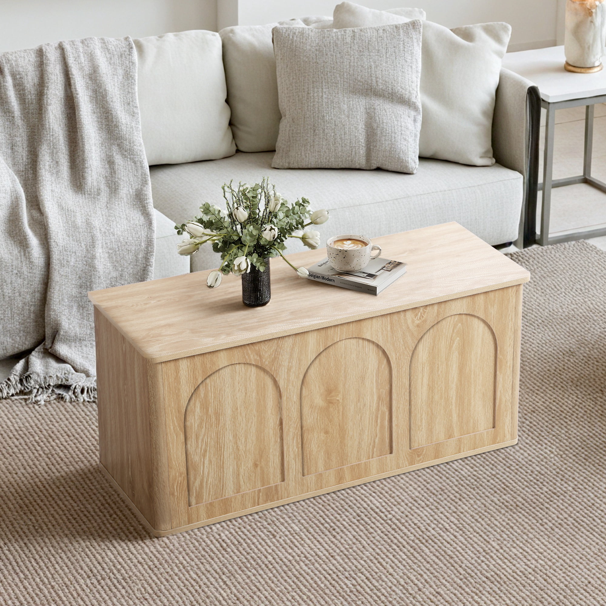 Wirrytor 39" Large Curved Edge Shoe Storage Bench with Flip Top, Arched Panel Storage Chest for Entryway Hallway Bedroom Toys Blankets, Natural Wood