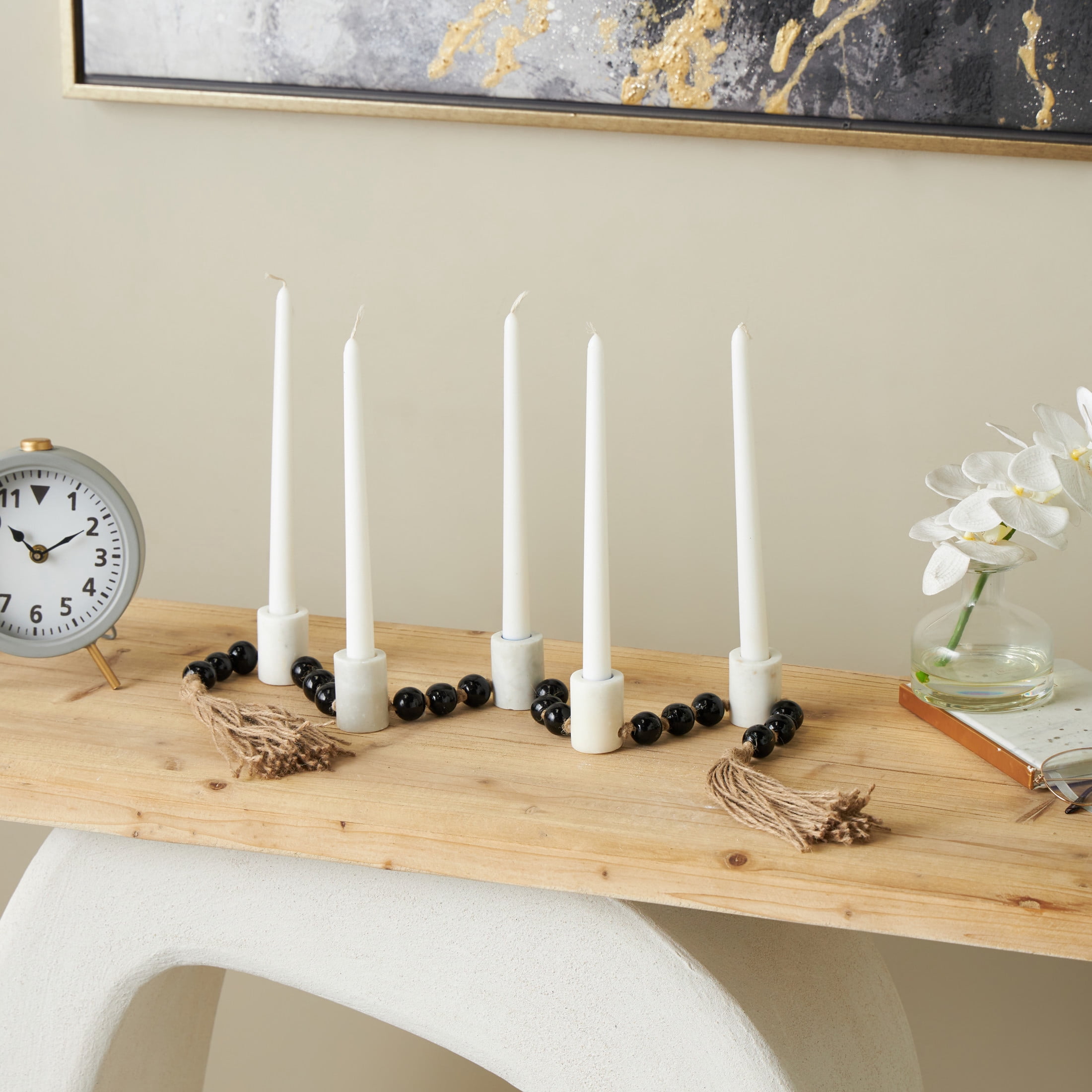 DecMode 5 Candle White Marble Round Garland Candle Holder with Brown Tassel and Black Beads