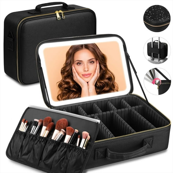 15″×11″Professional Makeup Train Case,Large Travel Makeup bag with Mirror and Light, Leather Black Make up Bag with Mirror and Light,Led Makeup Case with Adjustable Dividers