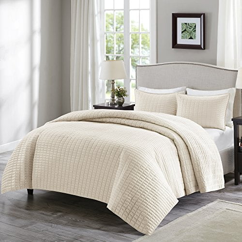 Comfort Spaces Kienna 3 Piece Quilt Coverlet Bedspread Ultra Soft Hypoallergenic Microfiber Stitched Bedding Set Full/Queen Size Ivory