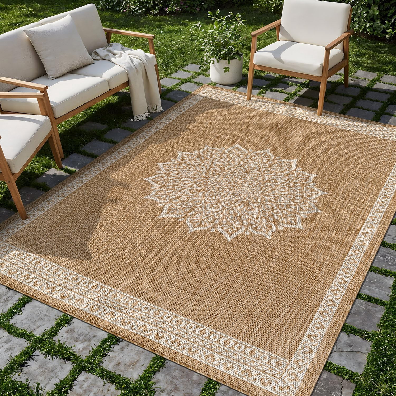 HJTER Outdoor Rug 5x7 Medallion Natural Modern Area Rugs for Indoor and Outdoor Patios Kitchen and Hallway Mats Washable Porch Deck Outside Carpet (Medallion Natural 5 x 7)