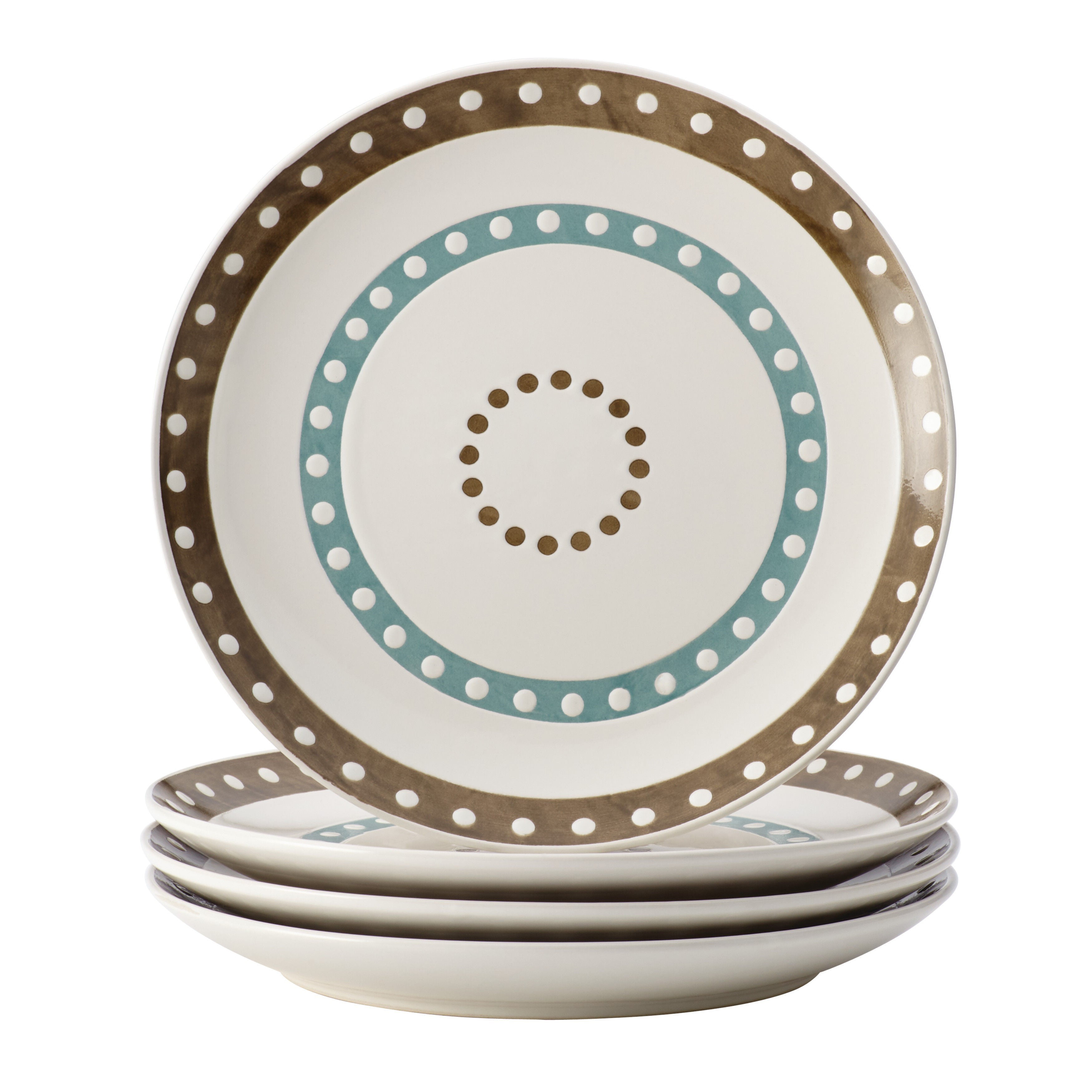 Rachael Ray Cucina Circles and Dots Ceramic Dinnerware Plate Agave Blue Set of 4