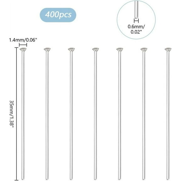 1box 400pcs Flat Head Pins 35mm(1.3 inch) 304 Stainless Steel Jewelry Making Pins Craft Headpin 22 Guage Bendable Pins for Beading Dangle Earring Bracelet Necklace Jewelry Head 1.4mm