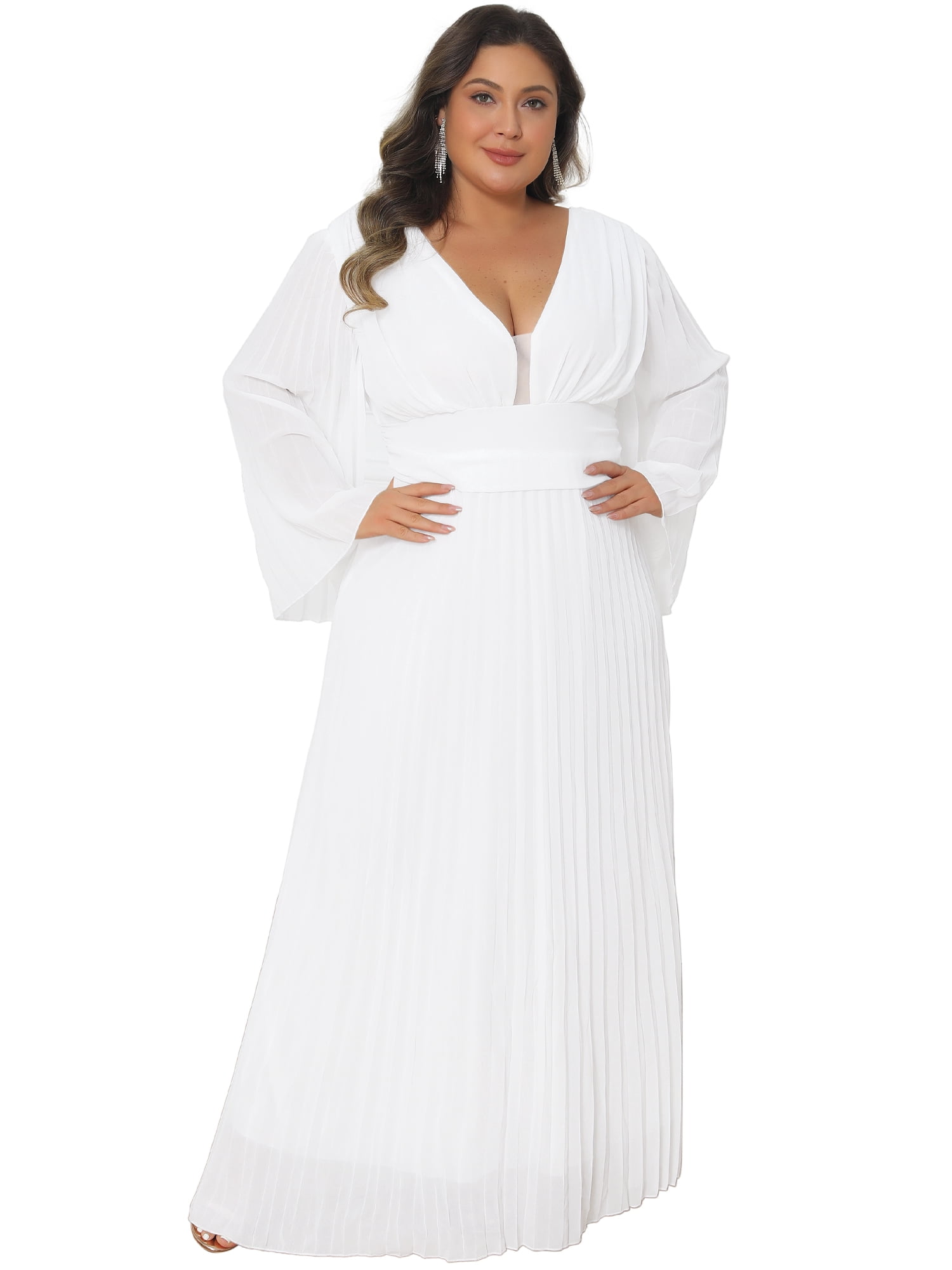 DARING DIVA Women's Plus Deep V Neck Long Sleeve Pleated Formal Dresses L White