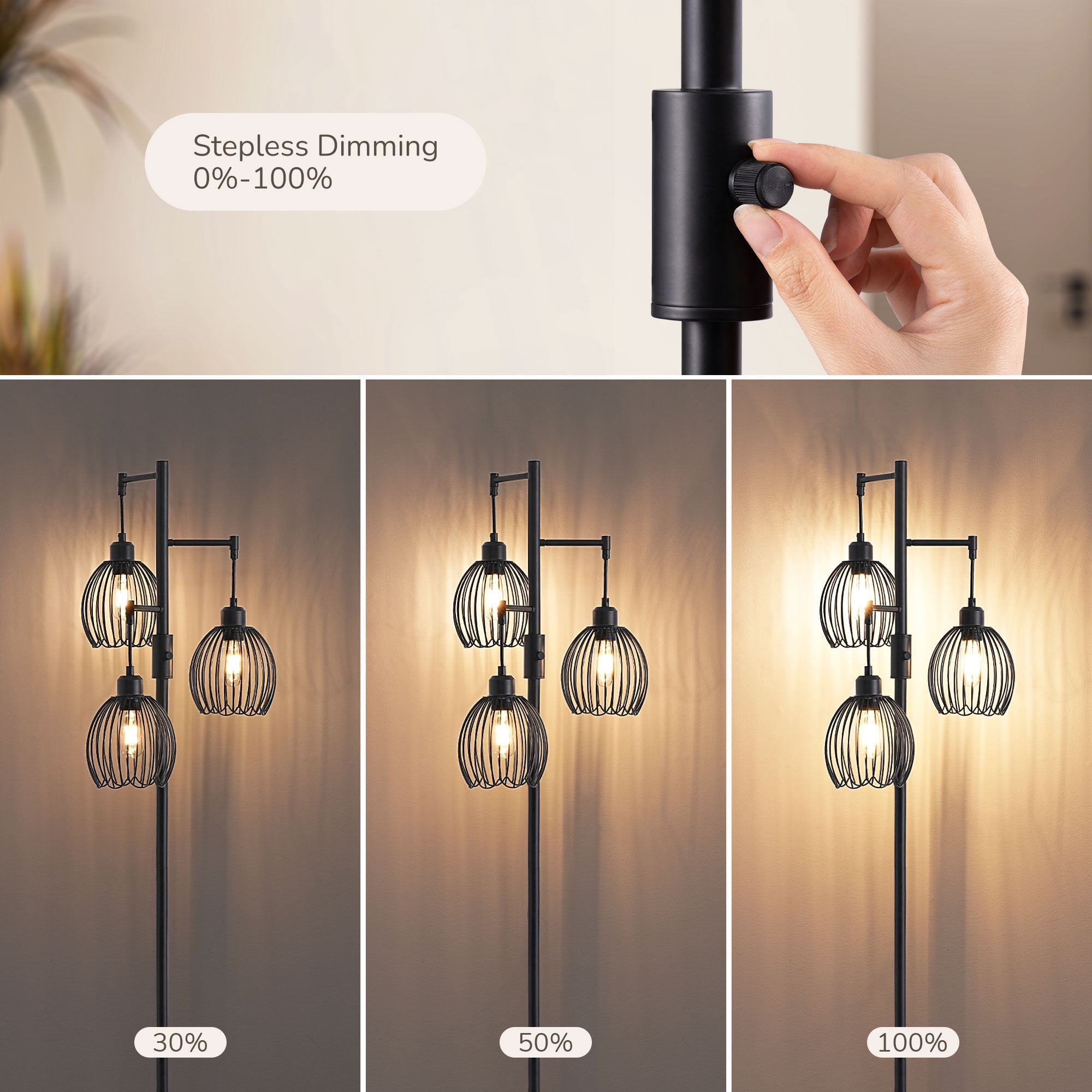 EDISHINE 69in Industrial Floor Lamps for Living Room, With 3 LED Edsion Bulbs, Black