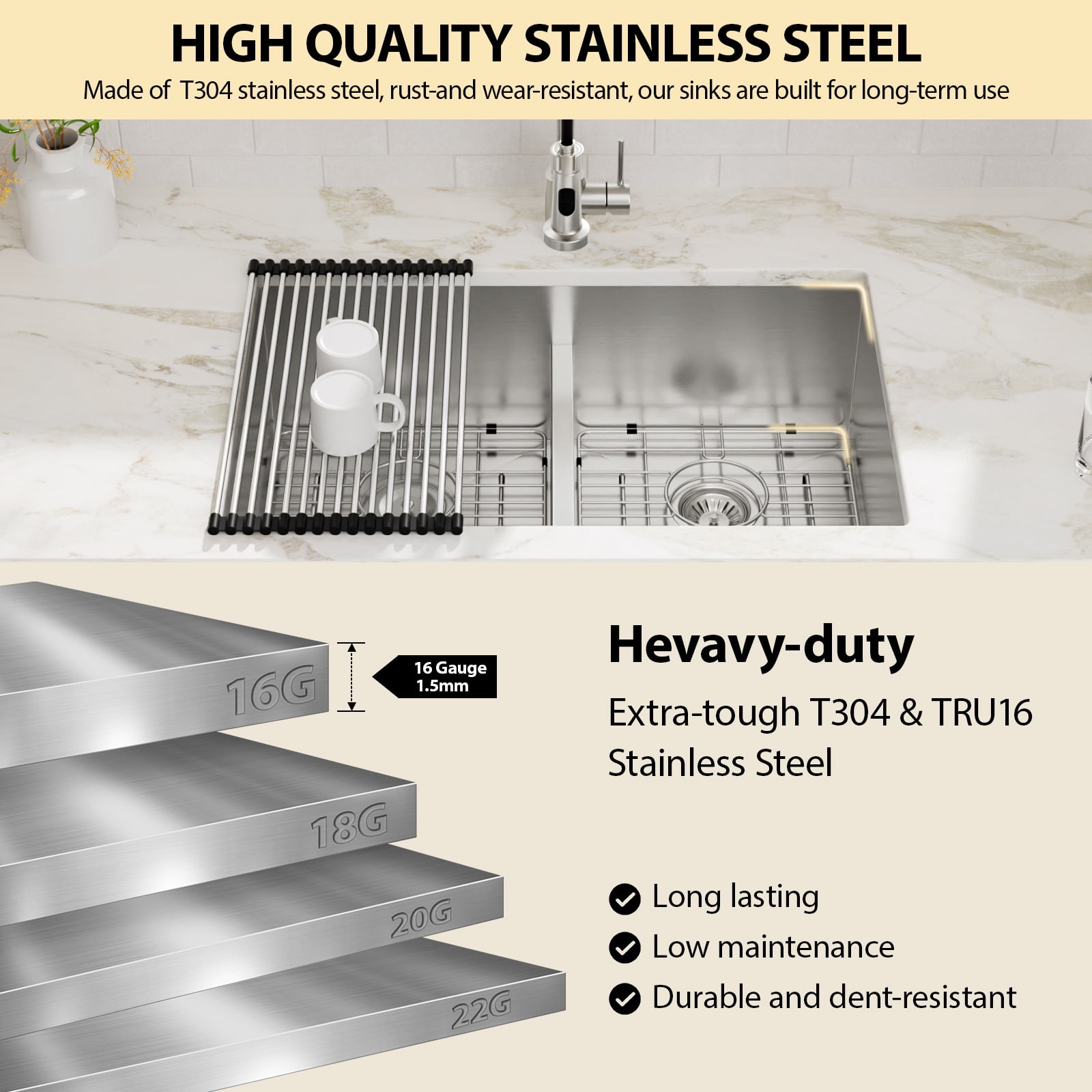 30 in. Undermount 50/50 Double Bowl 16-Gauge Stainless Steel Low Divided Kitchen Sink with 2 Pcs Bottom Grids/Drains