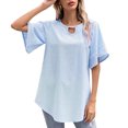 thumbnail image 1 of Camiseta informal para mujer, manga acampanada de encaje, pompón, camiseta holgada de manga corta co Abanopi Azul/Medio, 1 of 7
