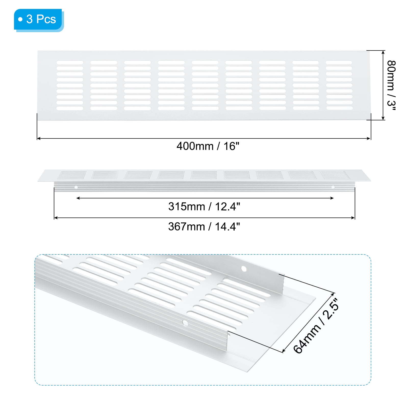 Uxcell 16 x 3 Inch Door Air Vent Cover, 3 Pcs Heavy Duty Grille Ventilation