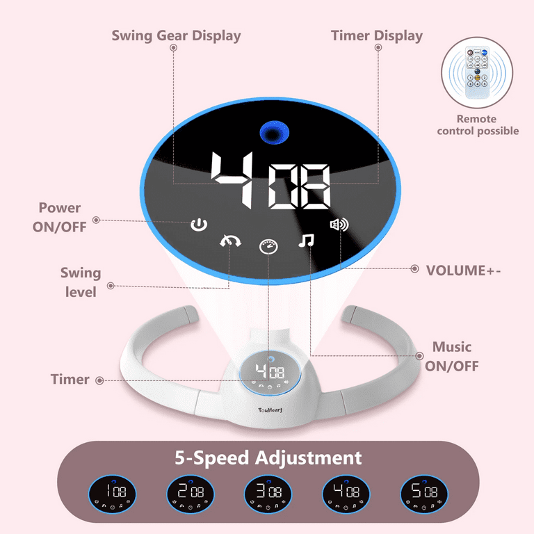 TouHeart Electric Baby Swing, Infant Rocker with Bluetooth & Remote,5 Speeds,10 Lullabies,3 Timing, Pink