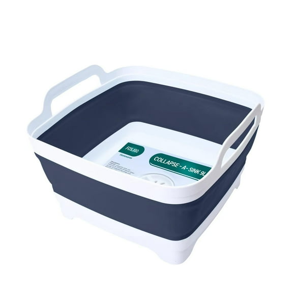 FOSJGO 2.4 Gal(9L) Collapsible Dish Basin with Drain Plug,Space Saving Multiuse Foldable Sink Tub,Dishpan,Kitchen Sink for Camping,Plastic Tub,Vegetable Washing,RV