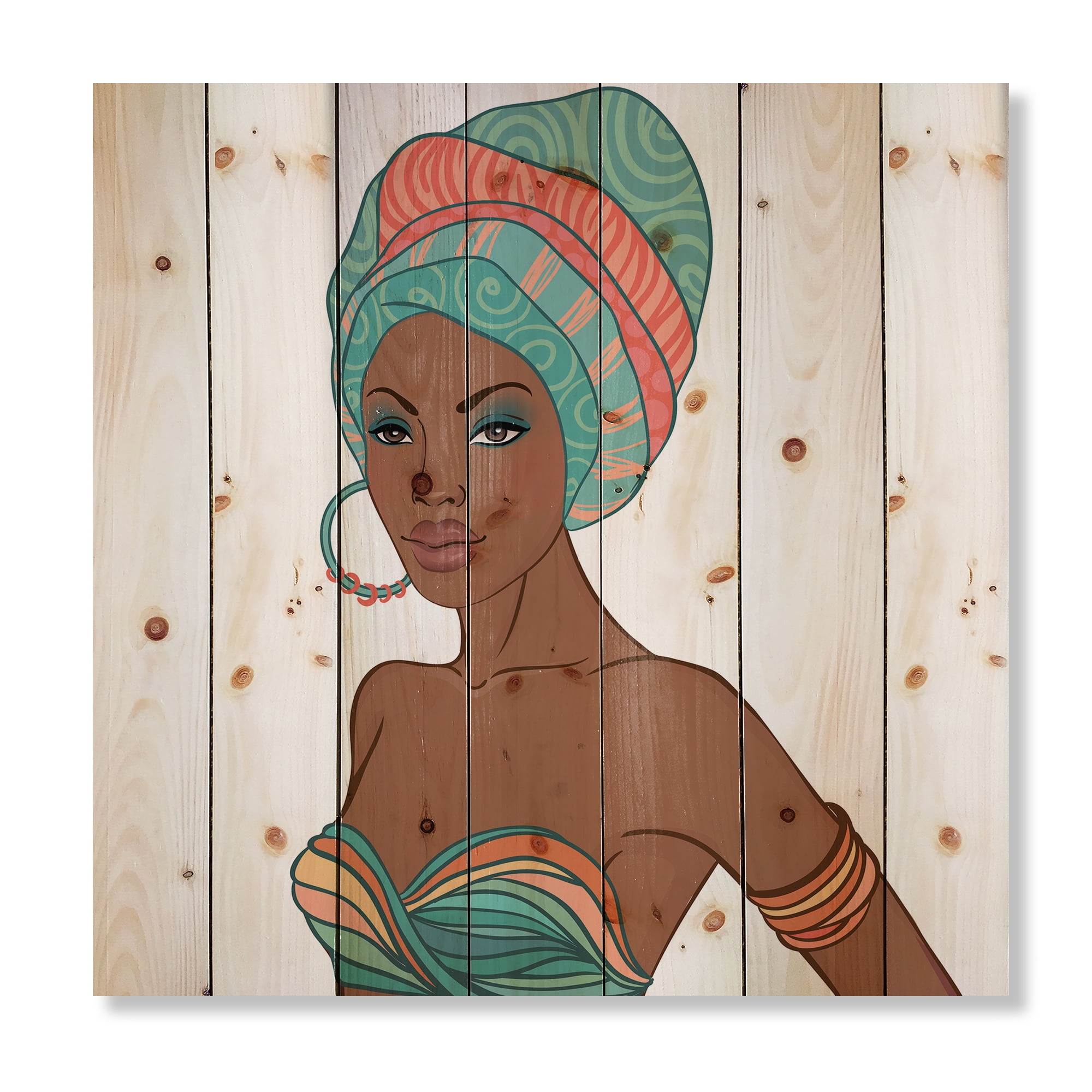 Designart 'African American Woman With Turban and Earring' Modern Print on Natural Pine Wood
