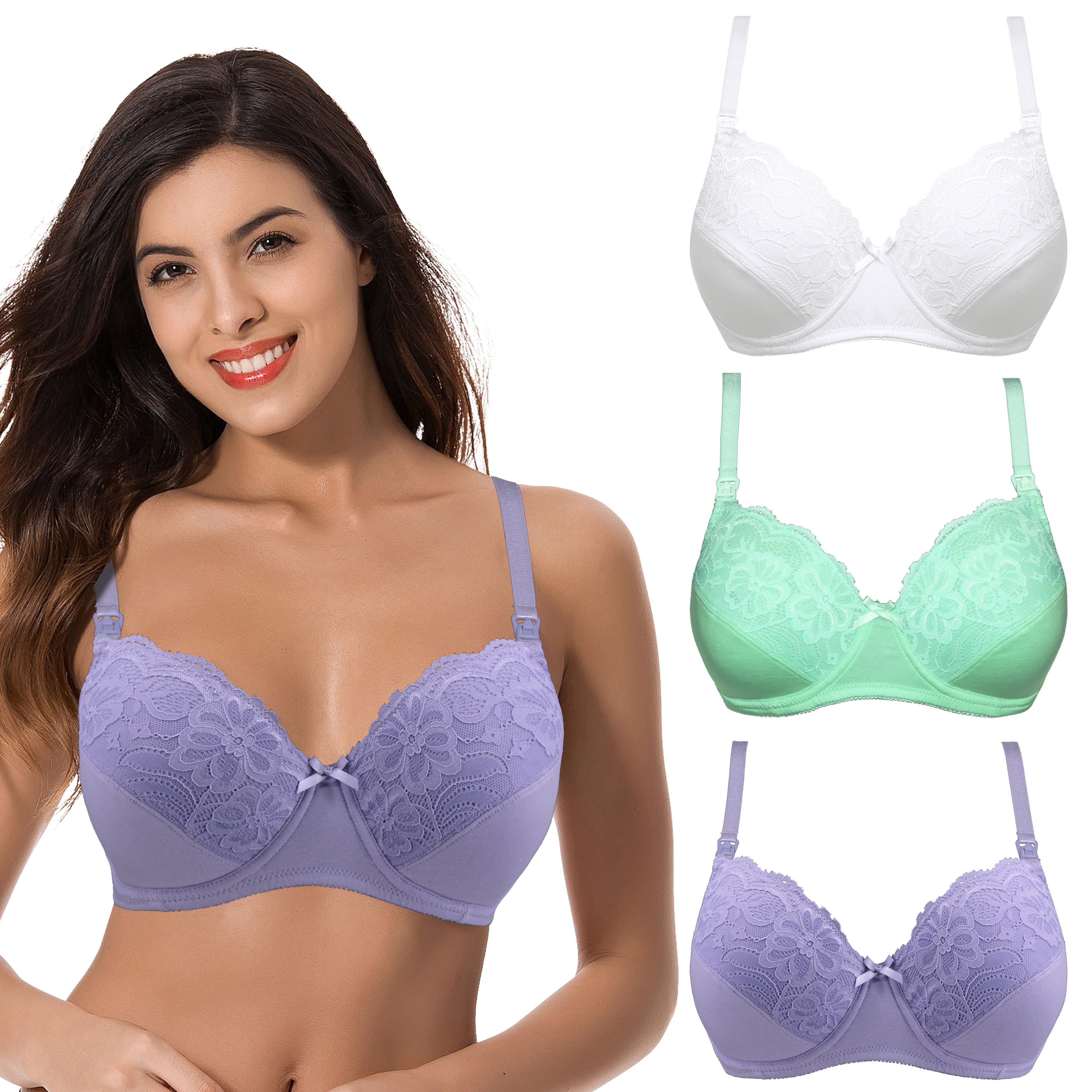 Curve Muse Plus Size Nursing Underwire Bra with drop-down cups (Pack of  3)-IVORY,LAVENDER,LT GREEN-48C 