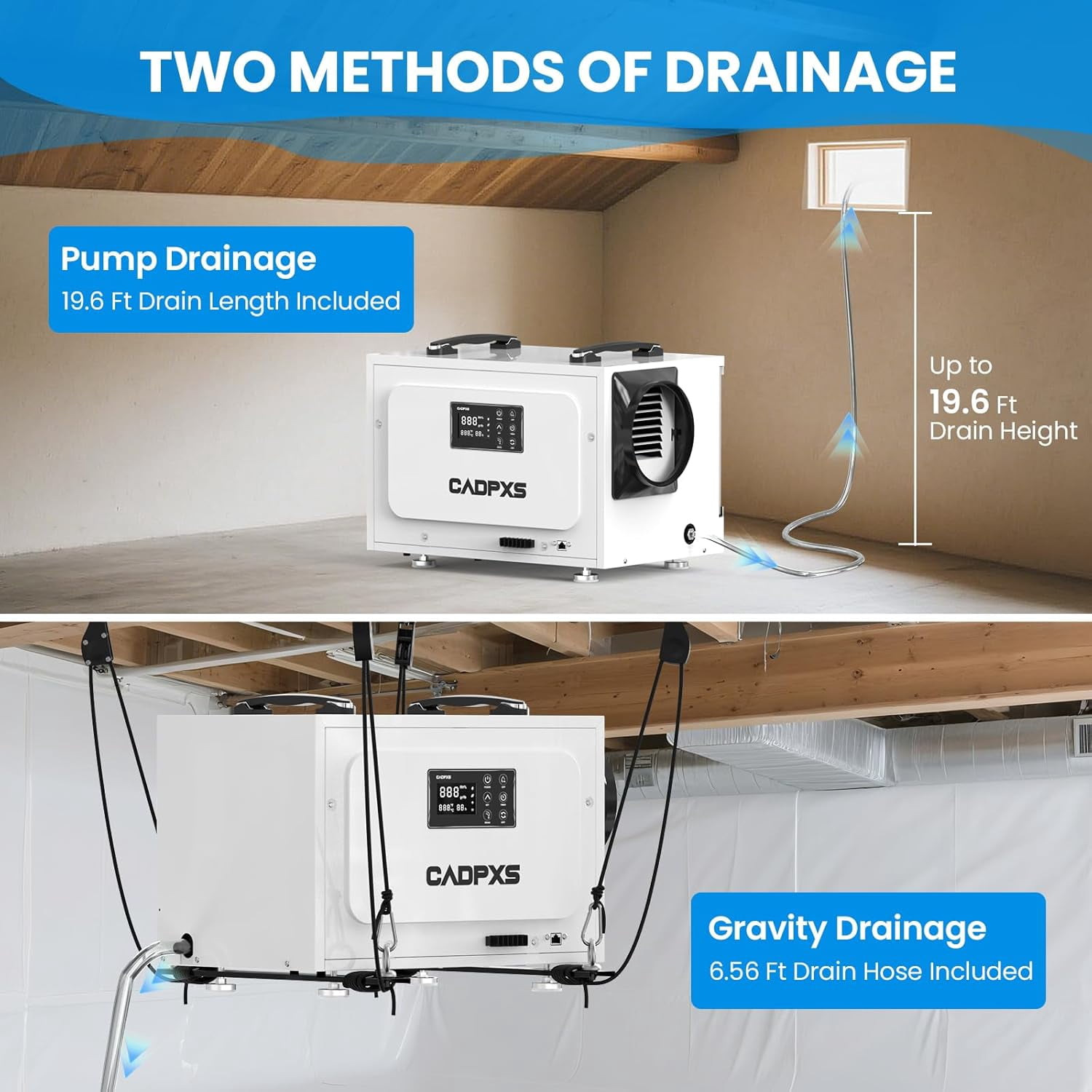 CADPXS Crawl Space Dehumidifier with Pump, 125 Pints Commercial Dehumidifiers with Drain Hose, Dehumidifier for Crawlspace, Basements & Water Damage Use, Auto Defrost, Memory Restart, cETL Listed