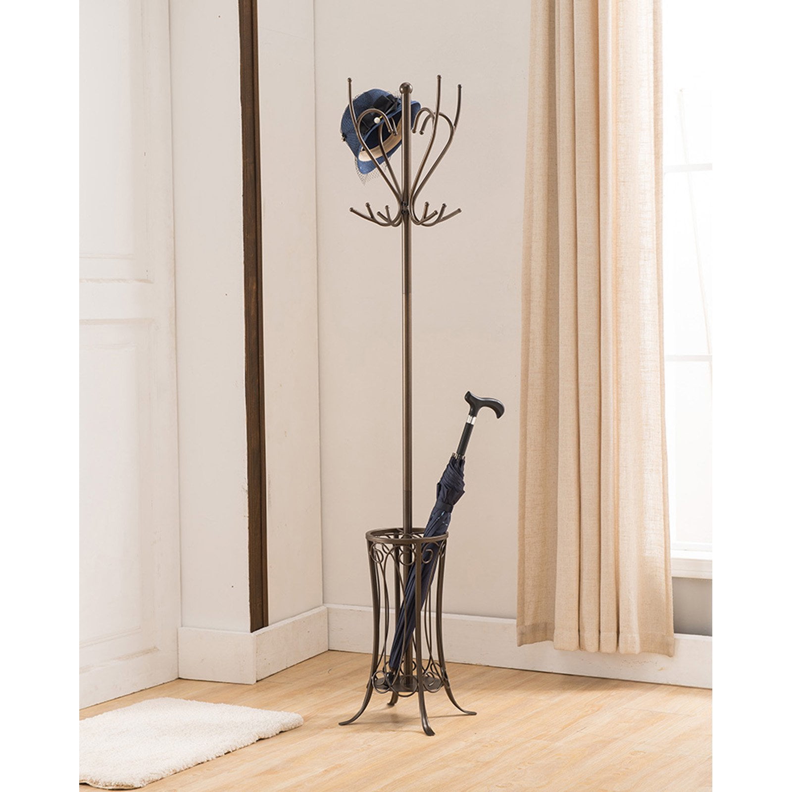 K&B Furniture Pewter Metal 12 Hook Hat and Coat Rack with Umbrella