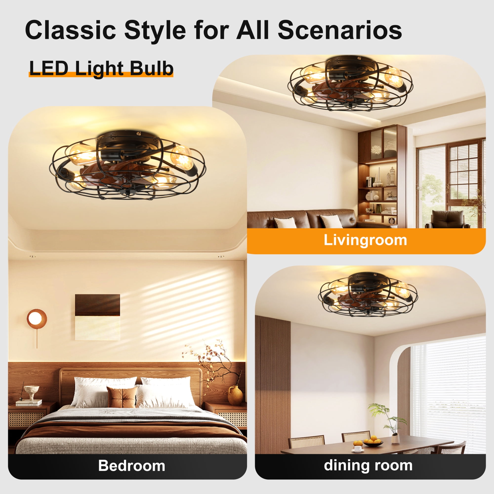 Leumius 19.7" Industrial Caged Ceiling Fan with Light, 6-Speed Reversible DC Motor, E26 Bulb Base, Remote Control, Timer, Low Noise, Farmhouse Decor for Bedroom Living Room Kitchen