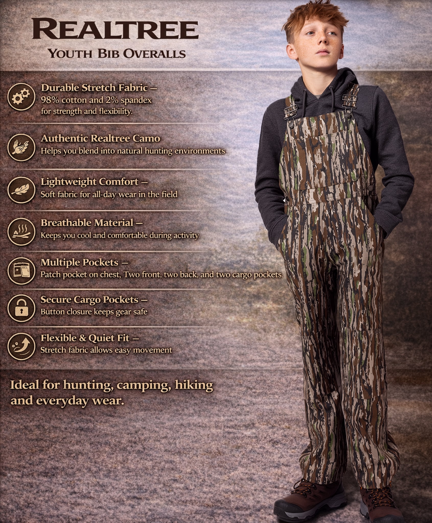Realtree Youth Hunting Bib Overalls Hardwoods Camo