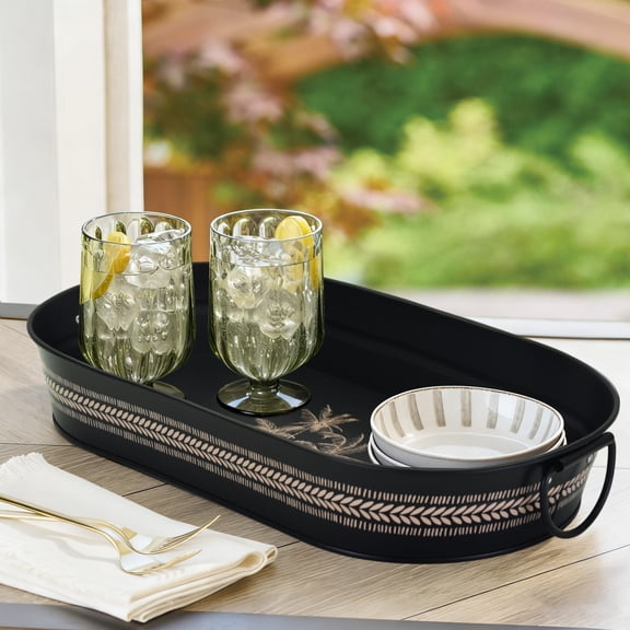 Hometrends Black Oval Tray with Palm Pattern,19.88"x10.63"