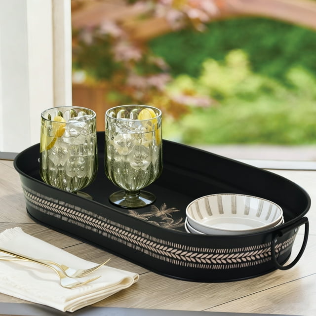 Hometrends Black Oval Tray with Palm Pattern,19.88"x10.63"