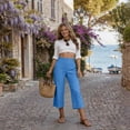 thumbnail image 4 of Linen Capri Pants Women 2026 Spring Summer Casual Lightweight Petite Elastic Waist Straight Leg Capris with Pockets Light Blue S, 4 of 8