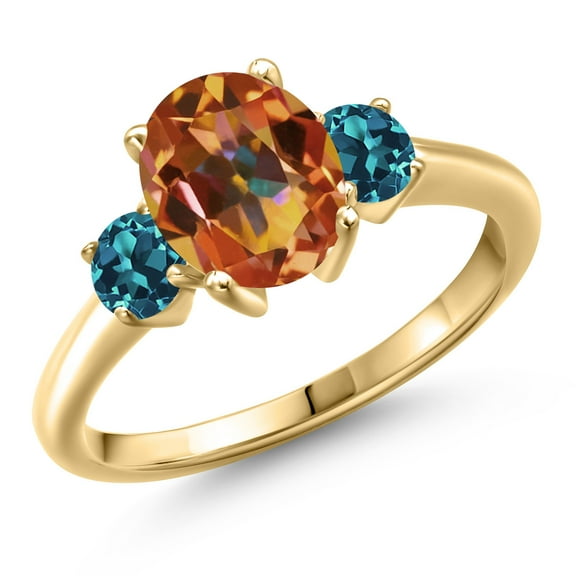 Gem Stone King 10K Yellow Gold Ecstasy Mystic Topaz and London Blue Topaz Engagement Ring for Women | 2.66 Cttw | Oval 9X7MM | Gemstone November Birthstone | Size 5
