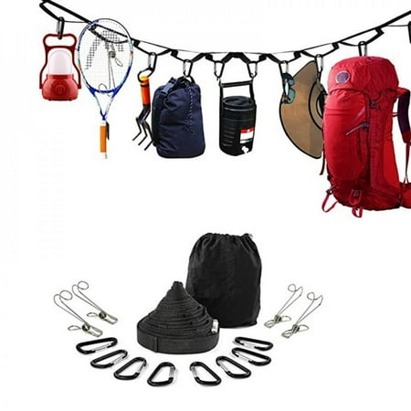 

Camping Clothesline Campsite Storage Strap Loop With 19 Carabiner Hooks For Hanging Outdoor Camping Accessories
