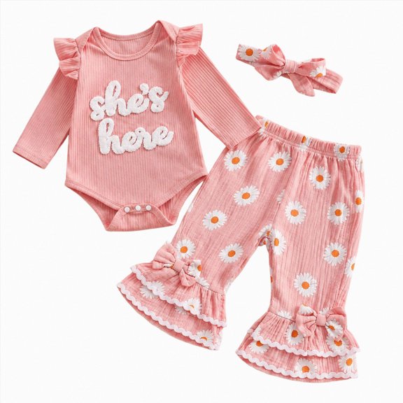 Enyan Newborn Baby Girl Fall Winter Outfit Long Sleeve Romper Floral Daisy Flare Pants and Headband Clothing Set(Size Newborn)