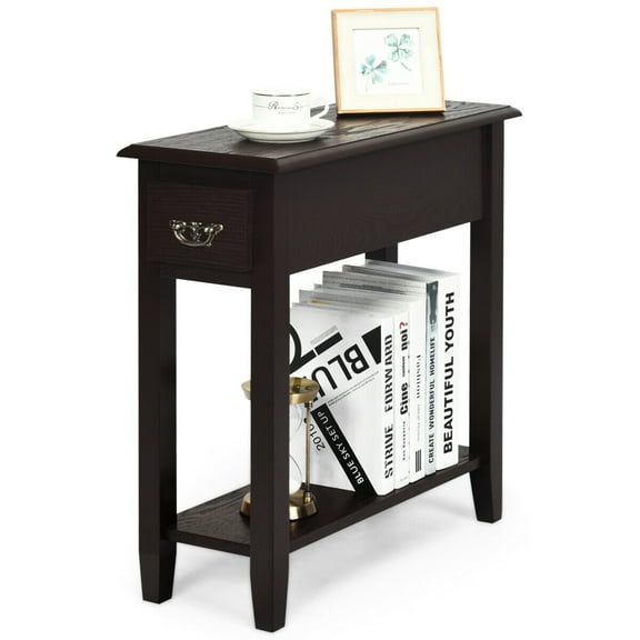 Gymax 2 Tier End Bedside Sofa Side Table Narrow Nightstand w/Drawer &Shelf Espresso